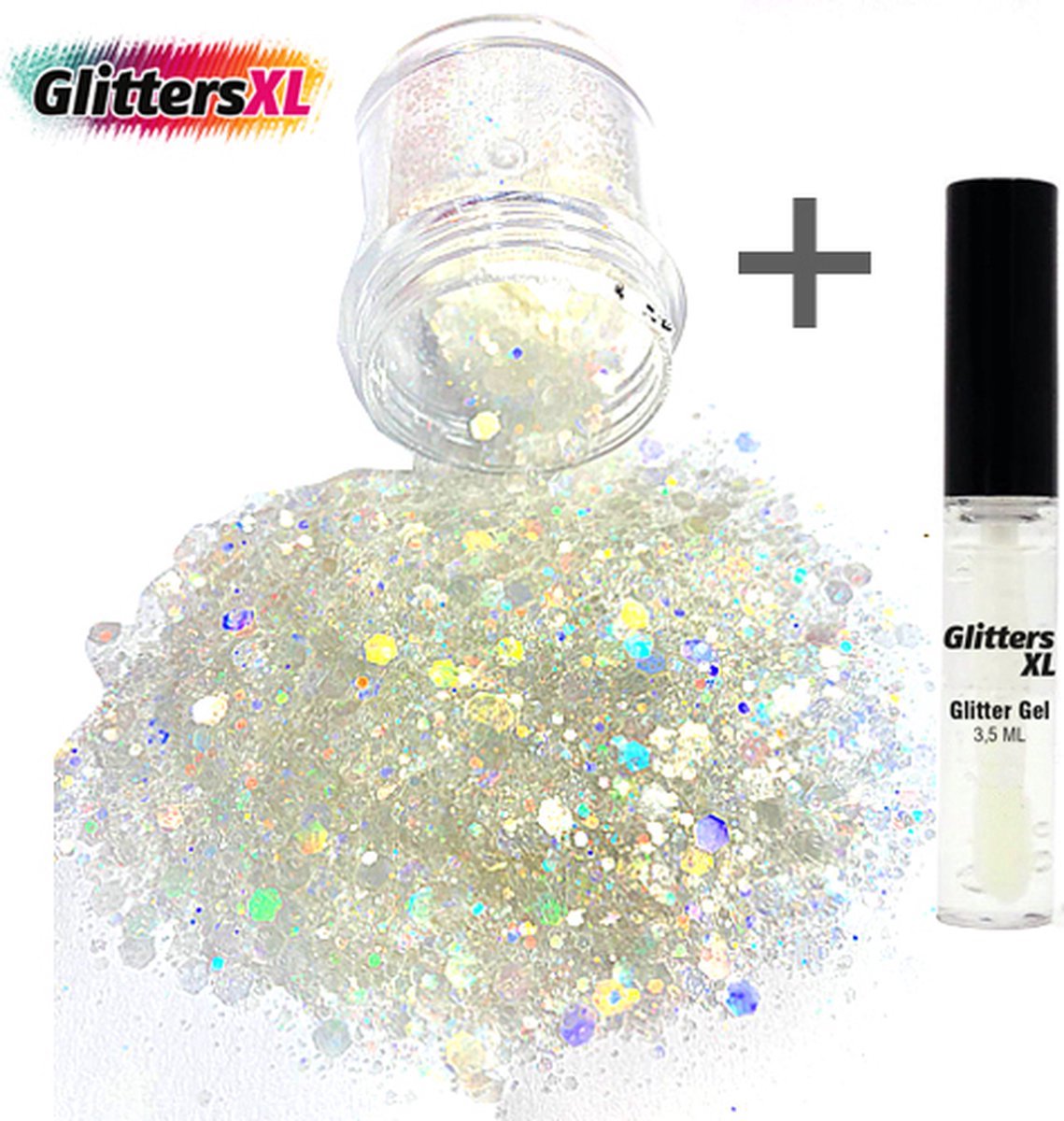 GlittersXL - Chunky Glitters (Wit) (Volume 8g) + Glitter Huid Lijm [Festival Makeup Gezicht Lichaam - Face Body Glitter - Biologisch afbreekbaar - Versiering Dames Volwassen Kinderen]